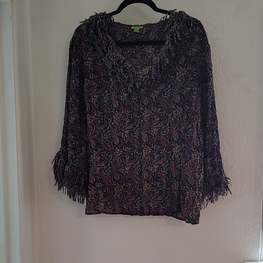 Agora Paisley Fringe-Sleeve Blouse in Purple and Black